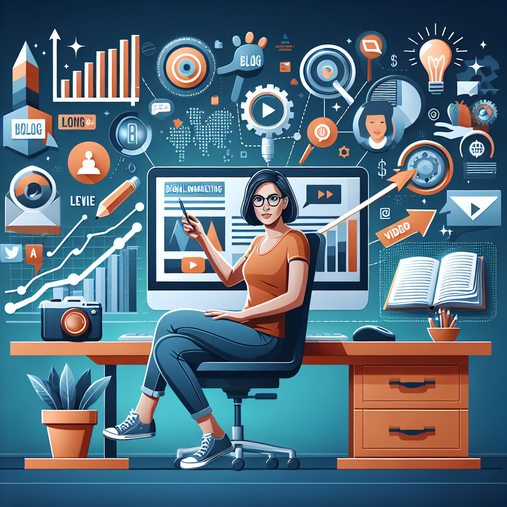 A person sits at a desk pointing to a computer screen surrounded by digital marketing icons, graphs, and tools, depicting a vibrant workspace.