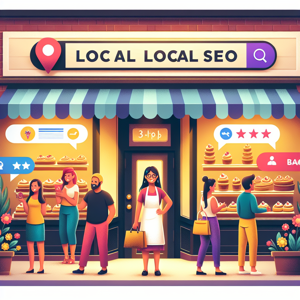 A colorful illustration of a bakery storefront shows a cheerful baker and customers enjoying pastries, with bright signage and rating symbols.