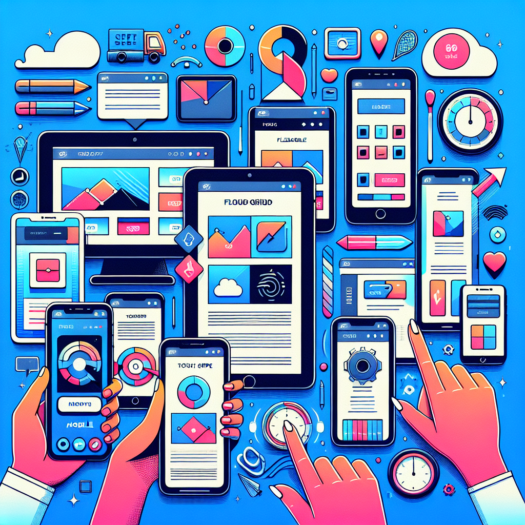The image shows a colorful array of digital devices like phones and tablets displaying various app icons and charts, with hands interacting with the screens.