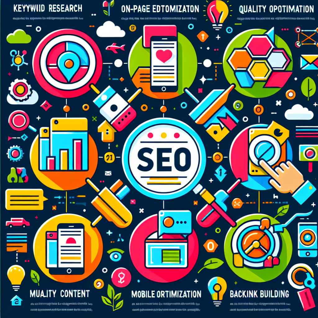 Bright, colorful infographic with various digital icons centered around SEO, highlighting elements like keyword research, mobile optimization, and backlink building.