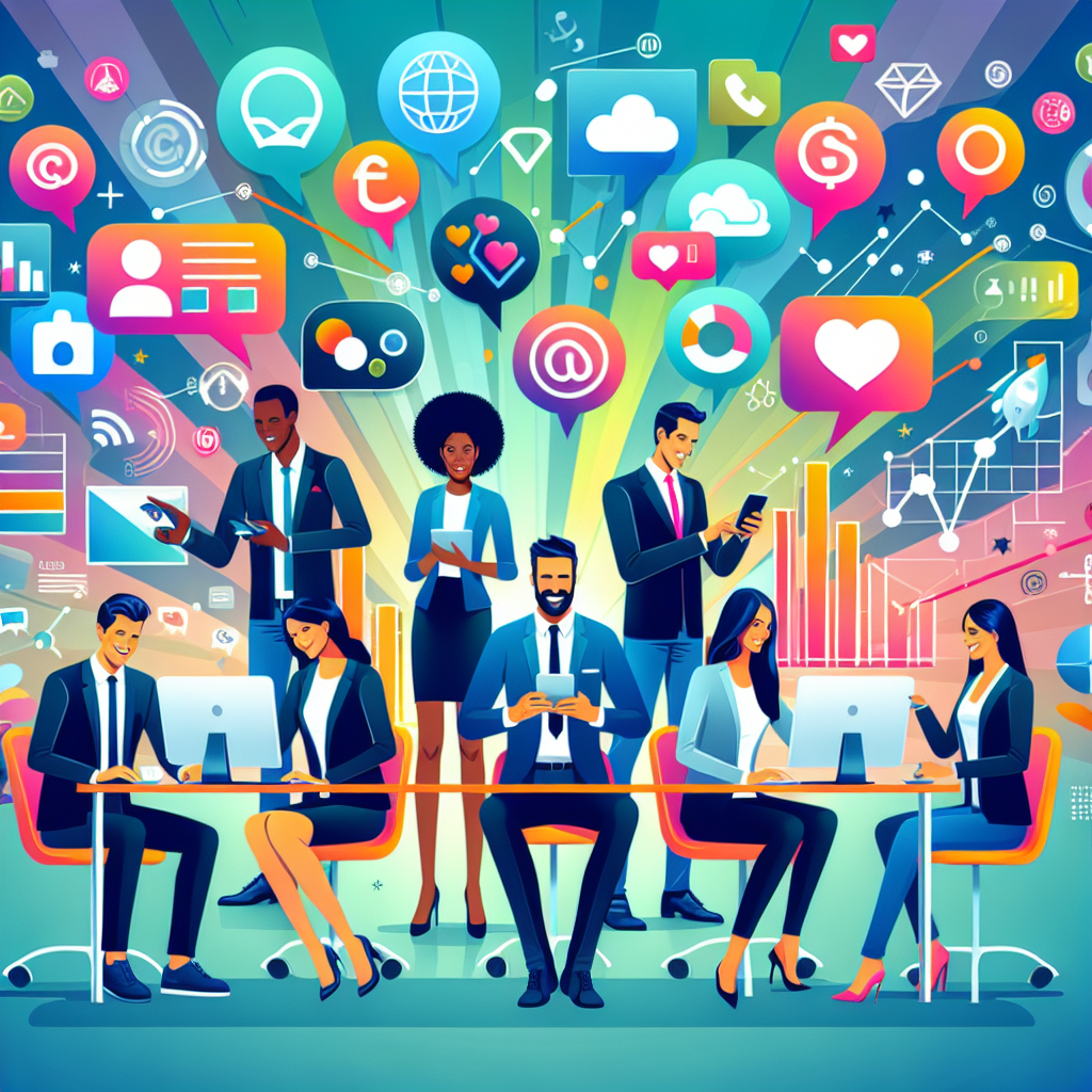 A diverse group of people in business attire work on computers and phones, surrounded by colorful social media icons and graphs, symbolizing digital connectivity and teamwork.