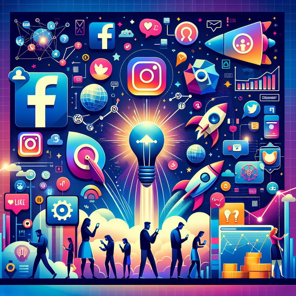 A vibrant illustration featuring digital icons like Facebook and Instagram, rockets, and people using smartphones, symbolizing Startup Social Media innovation and connectivity.