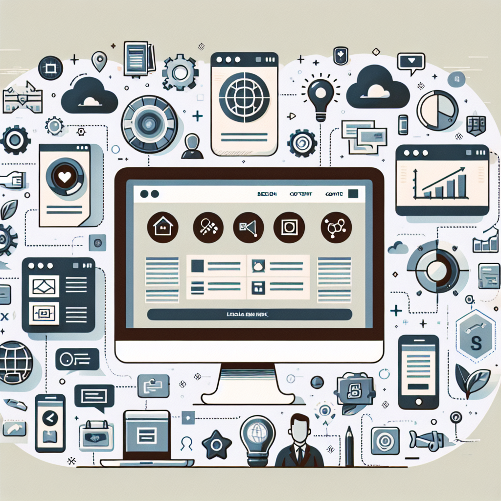 A computer screen surrounded by various technology and communication icons, including gears, graphs, and lightbulbs, symbolizing digital connectivity and innovation.